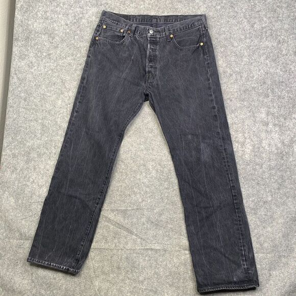 Levis 501 Jeans Mens 38x34 (34x32 Black Button Fly Denim Straight Leg Faded Work - Picture 1 of 13